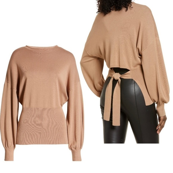 Tie Back Belt Ribbed Mocha Mousse Sweater Mock Neck Billow Sleeve Size L NWT - Picture 1 of 16